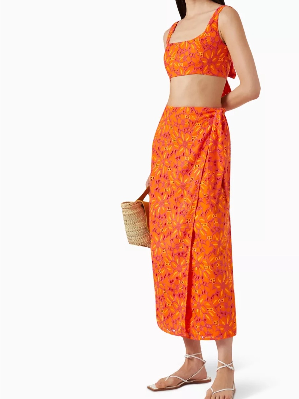 Waimari Orange & Pink Floral Eyelet Midi Skirt